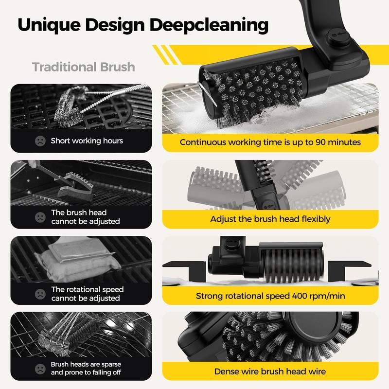 Hair-free design, electric grill brush for outdoor BBQ, three-speed power control, 304 stainless steel, for cleaning BBQ grills.